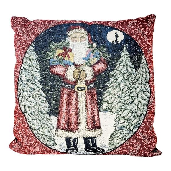 Vtg Needlepoint Santa Claus Christmas Holiday Decorative Tapestry Throw Pillow - Picture 1 of 6